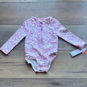 Kids Long Sleeve Pink Floral Rash Guard Swimsuit